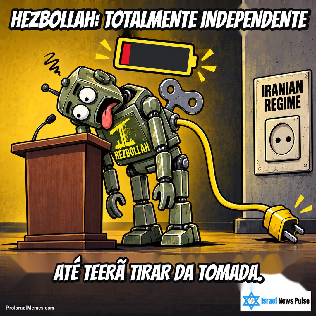 Robô verde HEZBOLLAH caído junto a um púlpito e cabo desconectado perto de uma tomada IRANIAN REGIME. Textos em inglês; marcas ProIsraelMemes.com e Israel News Pulse nos cantos inferiores.
