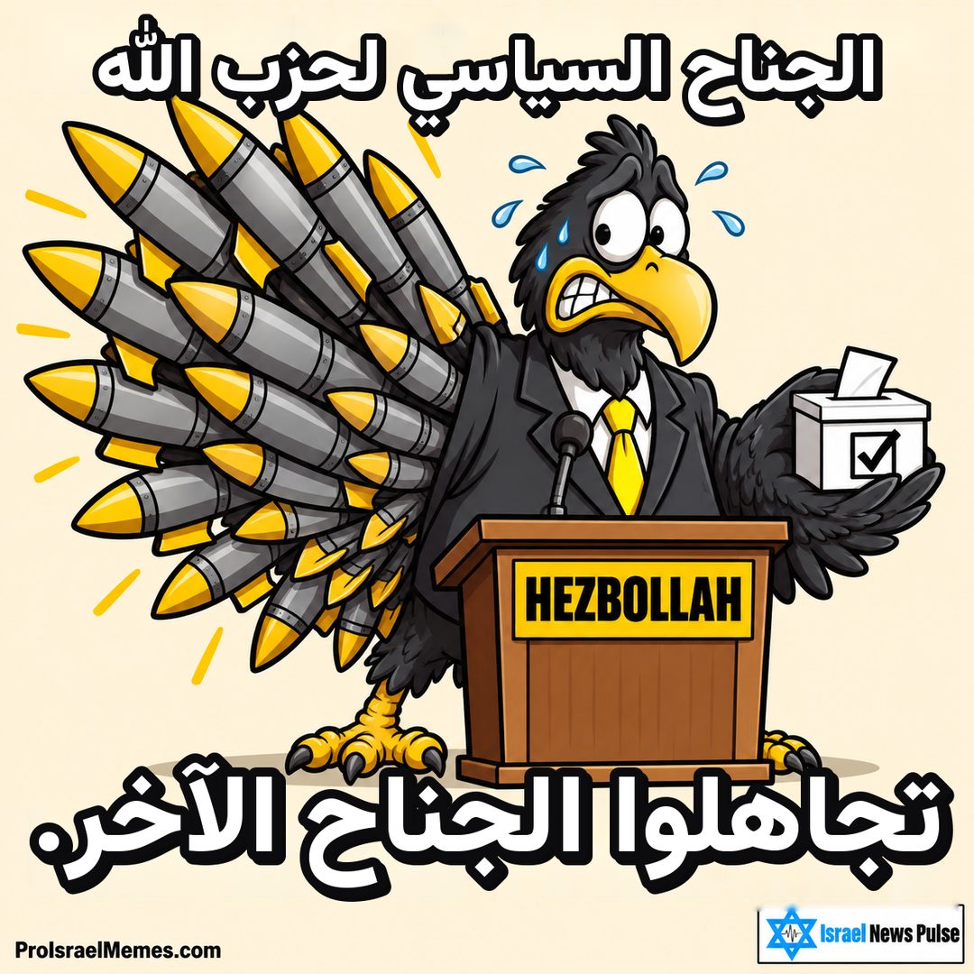 طائر أسود ببدلة عند منصة HEZBOLLAH يحمل صندوق اقتراع مقابل جناح كبير من الصواريخ. النصوص بالإنجليزية، وعلامتا ProIsraelMemes.com وIsrael News Pulse في الزاويتين السفليتين.
