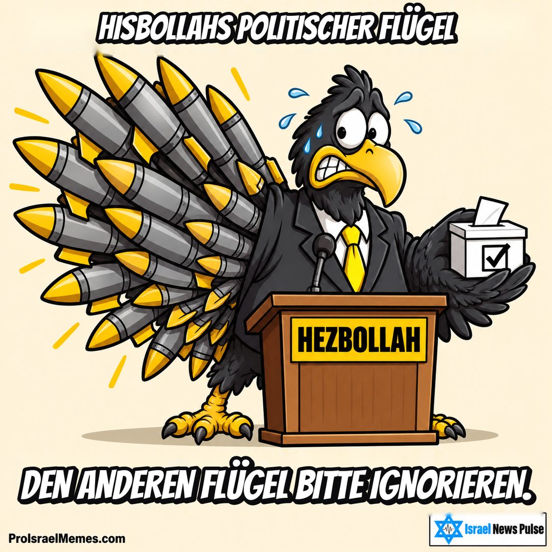 Schwarzer Vogel im Anzug am HEZBOLLAH-Pult mit Wahlurne gegenüber einem großen Raketenflügel. Englische Bildtexte; ProIsraelMemes.com und Israel News Pulse in den unteren Ecken.