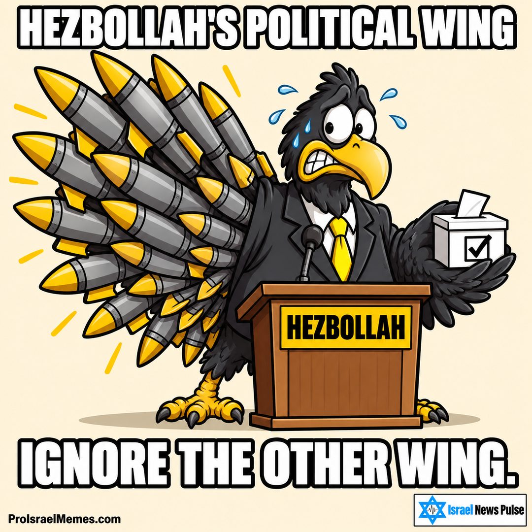 Black bird in a suit at a HEZBOLLAH lectern, holding a ballot box opposite a large missile wing. English captions; ProIsraelMemes.com and Israel News Pulse branding in the bottom corners.