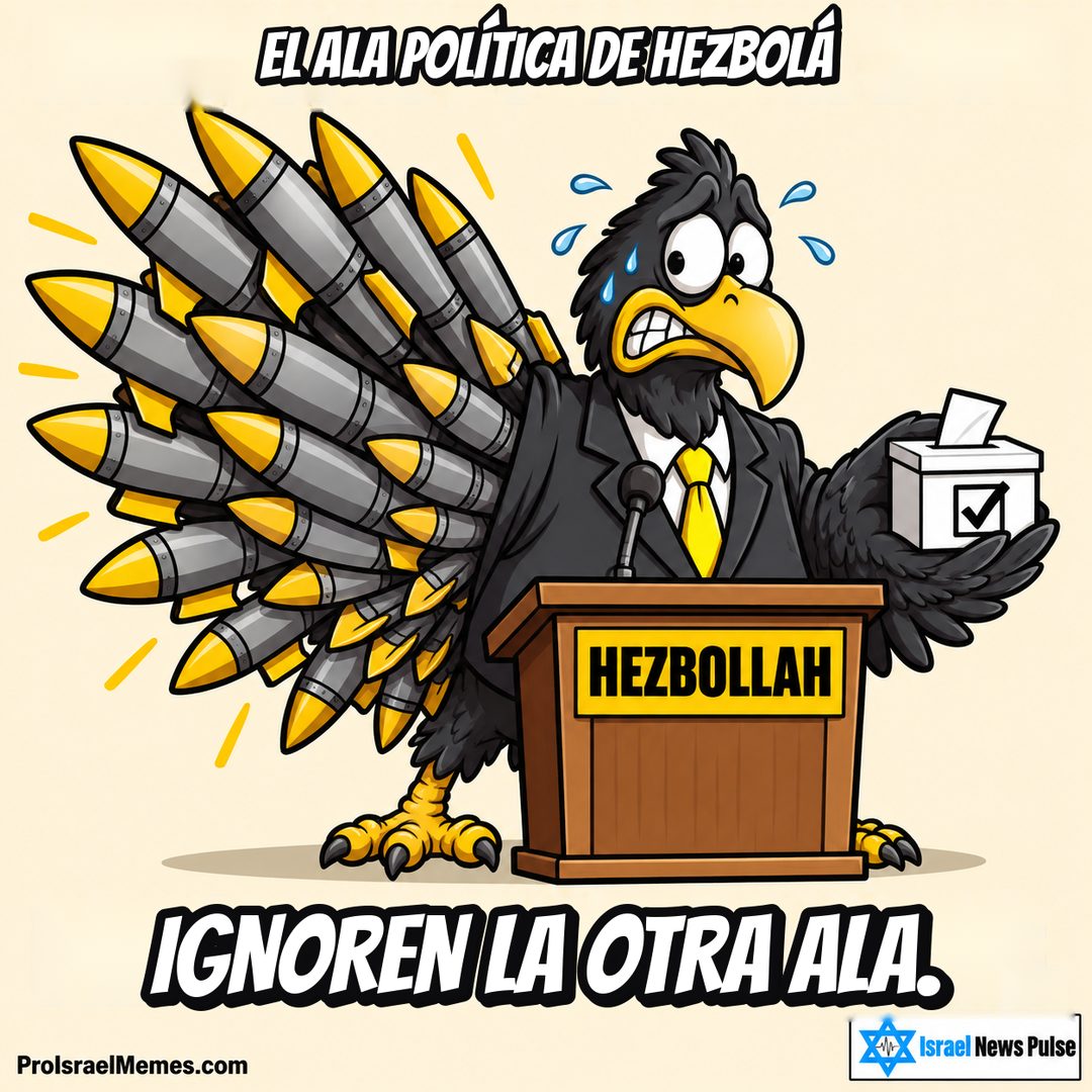 Ave negra de traje ante un atril HEZBOLLAH, con una urna de un lado y una gran ala de misiles del otro. Textos en inglés; marcas ProIsraelMemes.com e Israel News Pulse en las esquinas inferiores.