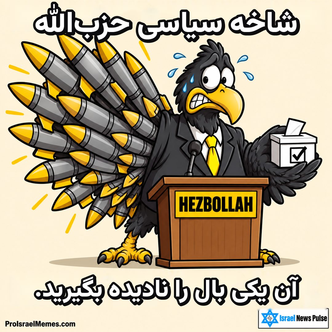 پرنده سیاه کت‌وشلوارپوش پشت تریبون HEZBOLLAH با صندوق رأی در برابر بال بزرگ موشکی. نوشته‌ها انگلیسی هستند؛ نشان‌های ProIsraelMemes.com وIsrael News Pulse در گوشه‌های پایین دیده می‌شوند.
