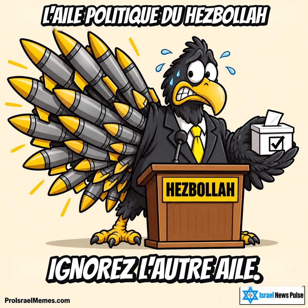 Oiseau noir en costume devant un pupitre HEZBOLLAH, avec une urne face à une grande aile de missiles. Textes en anglais ; marques ProIsraelMemes.com et Israel News Pulse dans les coins inférieurs.