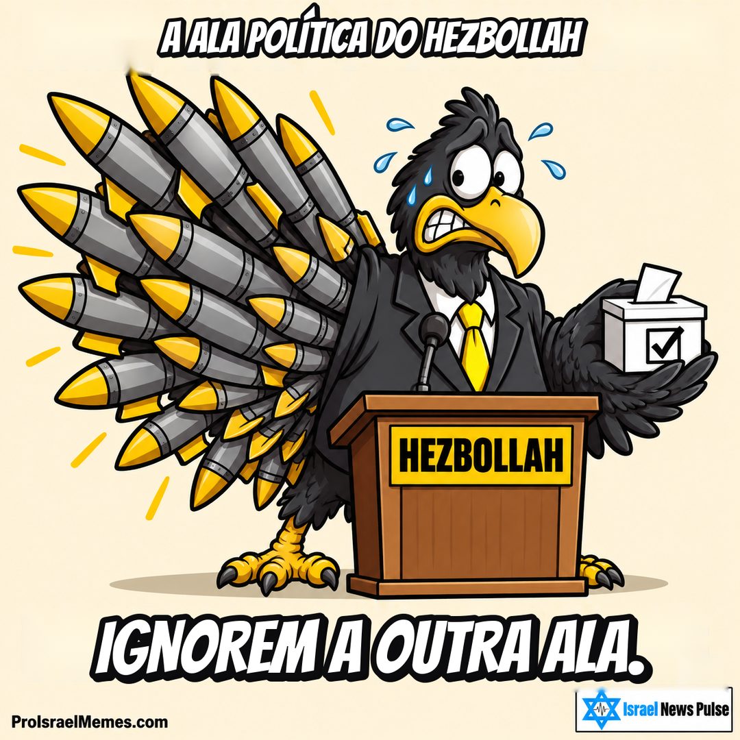 Pássaro preto de terno diante de um púlpito HEZBOLLAH, com urna de um lado e grande asa de mísseis do outro. Textos em inglês; marcas ProIsraelMemes.com e Israel News Pulse nos cantos inferiores.