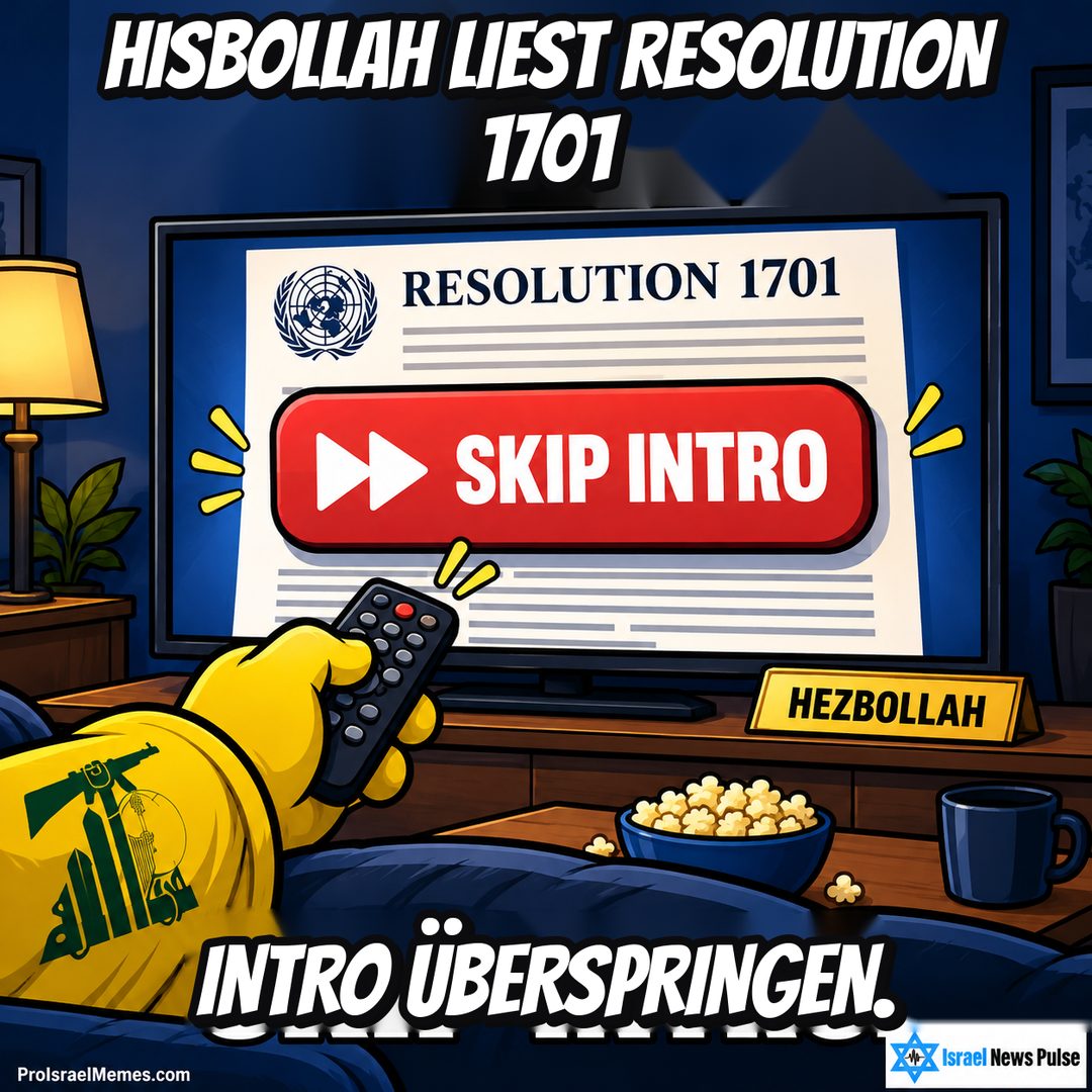 Fernseher mit RESOLUTION 1701 und roter SKIP INTRO-Taste, davor Fernbedienung und Popcorn. Englische Bildtexte; ProIsraelMemes.com und Israel News Pulse in den unteren Ecken.