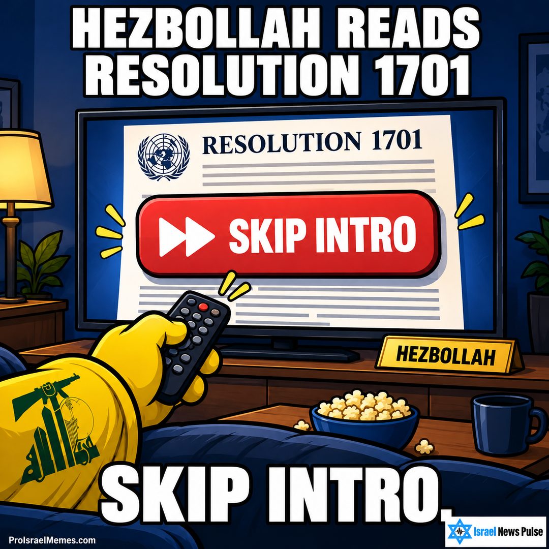 Television showing RESOLUTION 1701 and a red SKIP INTRO button, with a remote and popcorn in front. English captions; ProIsraelMemes.com and Israel News Pulse branding in the bottom corners.
