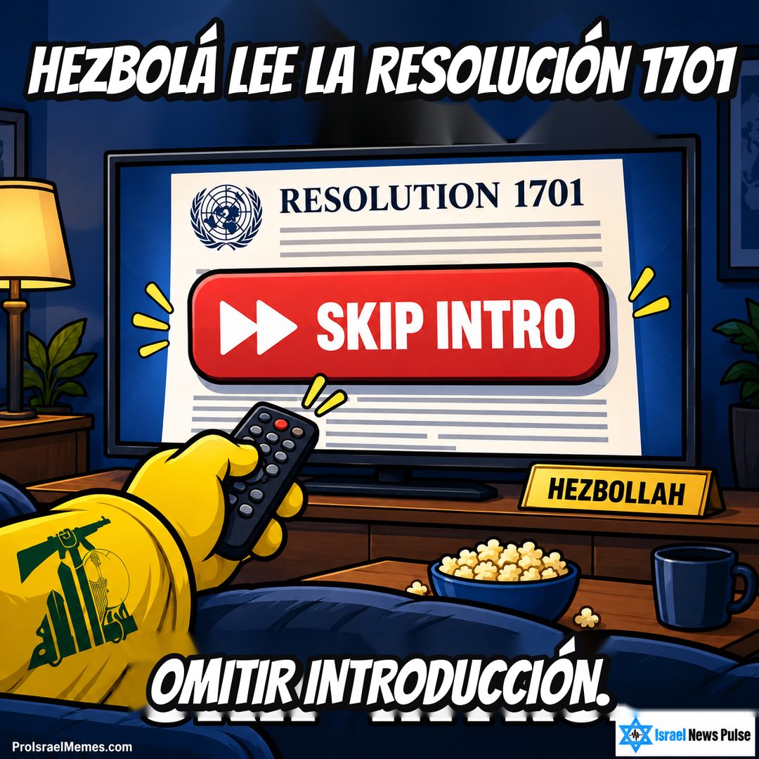 Televisión con RESOLUTION 1701 y un botón rojo SKIP INTRO; control remoto y palomitas al frente. Textos en inglés; marcas ProIsraelMemes.com e Israel News Pulse en las esquinas inferiores.