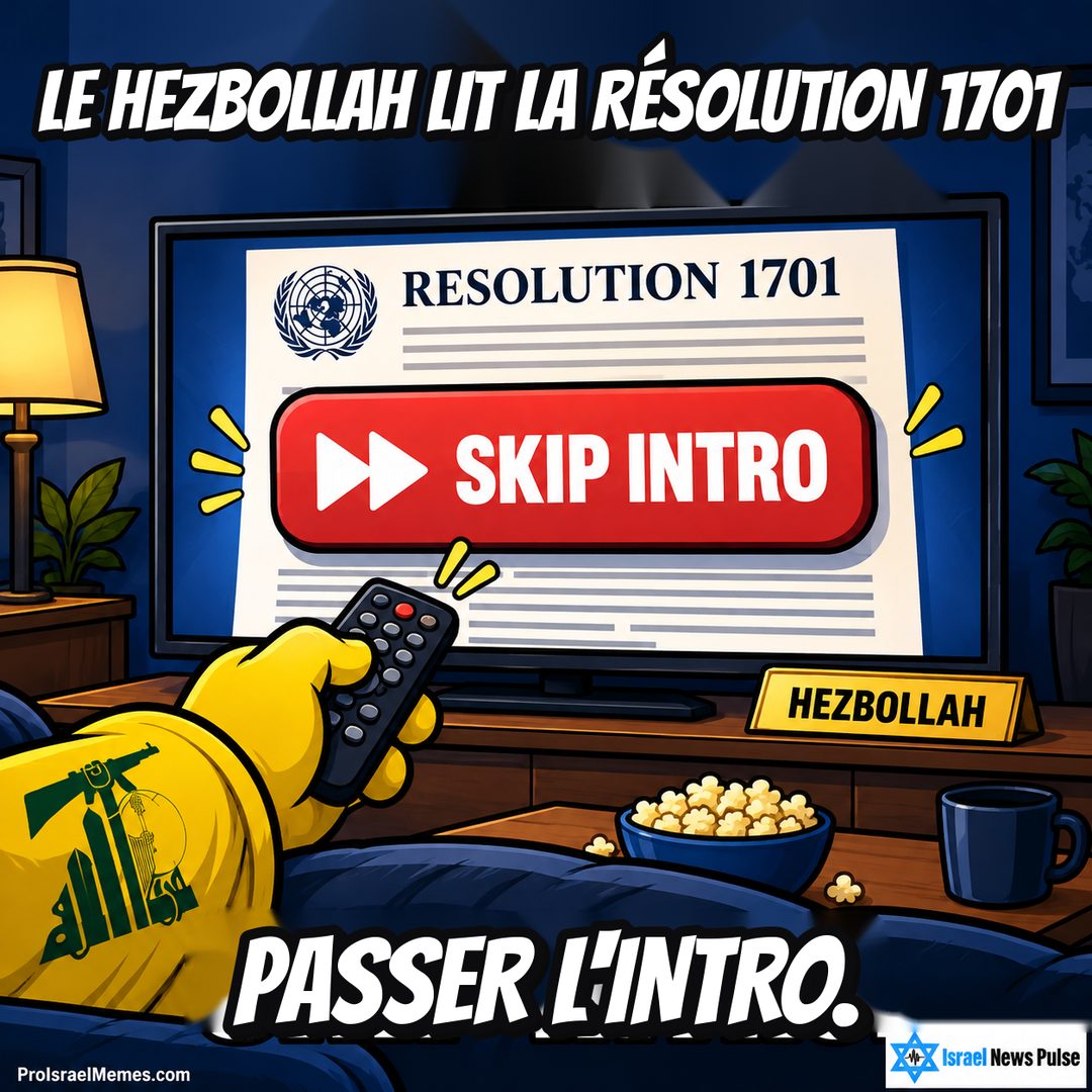 Téléviseur affichant RESOLUTION 1701 et un bouton rouge SKIP INTRO, avec télécommande et popcorn devant. Textes en anglais ; marques ProIsraelMemes.com et Israel News Pulse dans les coins inférieurs.