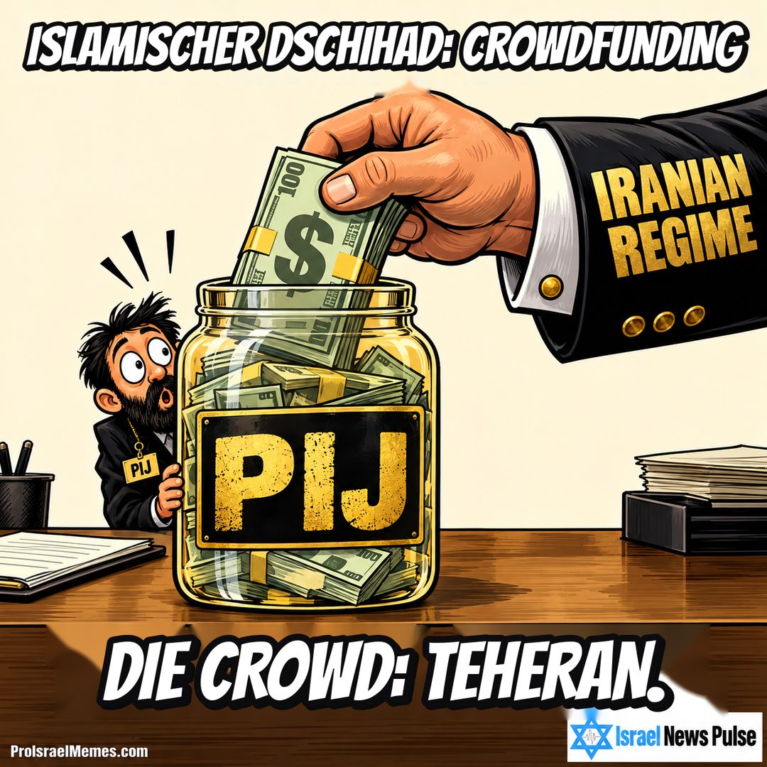Große IRANIAN REGIME-Hand legt Geldscheine in ein PIJ-Glas neben einem kleinen überraschten Mann. Englische Bildtexte; ProIsraelMemes.com und Israel News Pulse in den unteren Ecken.
