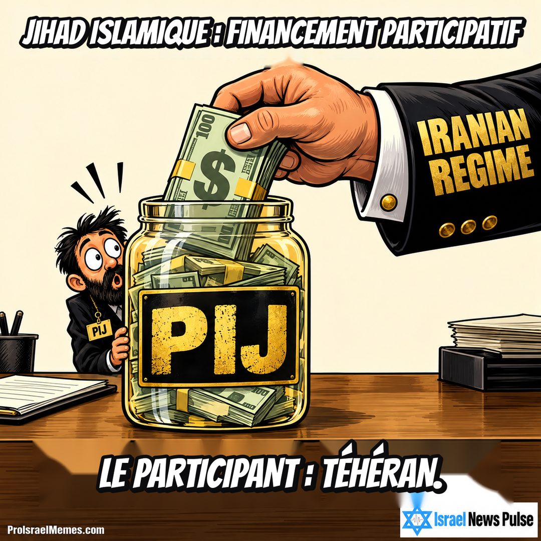 Grande main IRANIAN REGIME déposant des billets dans un bocal PIJ près d'un petit homme surpris. Textes en anglais ; marques ProIsraelMemes.com et Israel News Pulse dans les coins inférieurs.