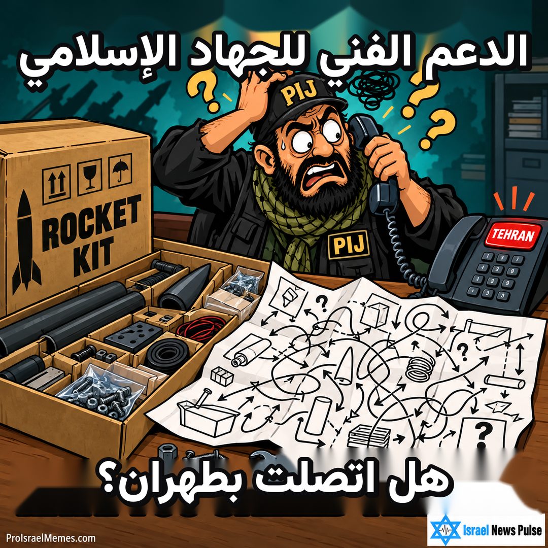 شخصية قلقة تحمل PIJ تمسك سماعة قرب صندوق ROCKET KIT ورسوم متشابكة وزر هاتف TEHRAN. النصوص بالإنجليزية، وعلامتا ProIsraelMemes.com وIsrael News Pulse في الزاويتين السفليتين.