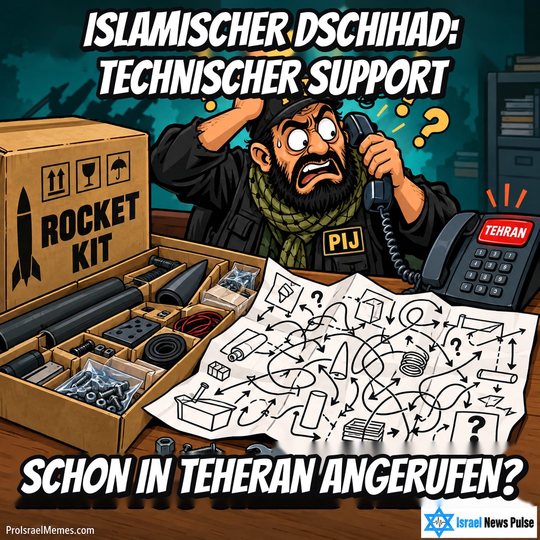 Besorgte PIJ-Figur mit Telefonhörer neben ROCKET KIT-Schachtel, verwirrenden Zeichnungen und TEHRAN-Taste. Englische Bildtexte; ProIsraelMemes.com und Israel News Pulse in den unteren Ecken.