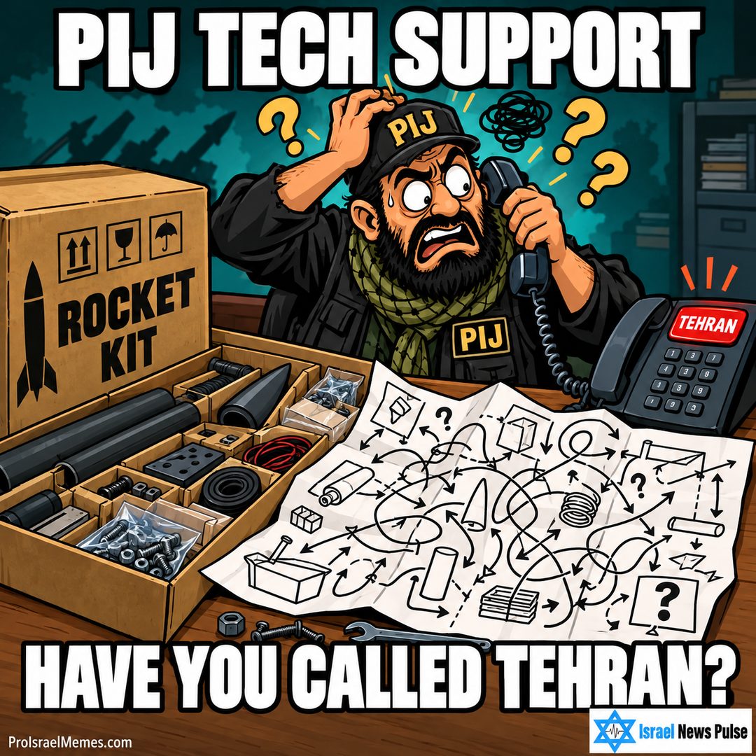 Worried PIJ character holds a receiver beside a ROCKET KIT box, tangled drawings and a TEHRAN phone button. English captions; ProIsraelMemes.com and Israel News Pulse branding in the bottom corners.