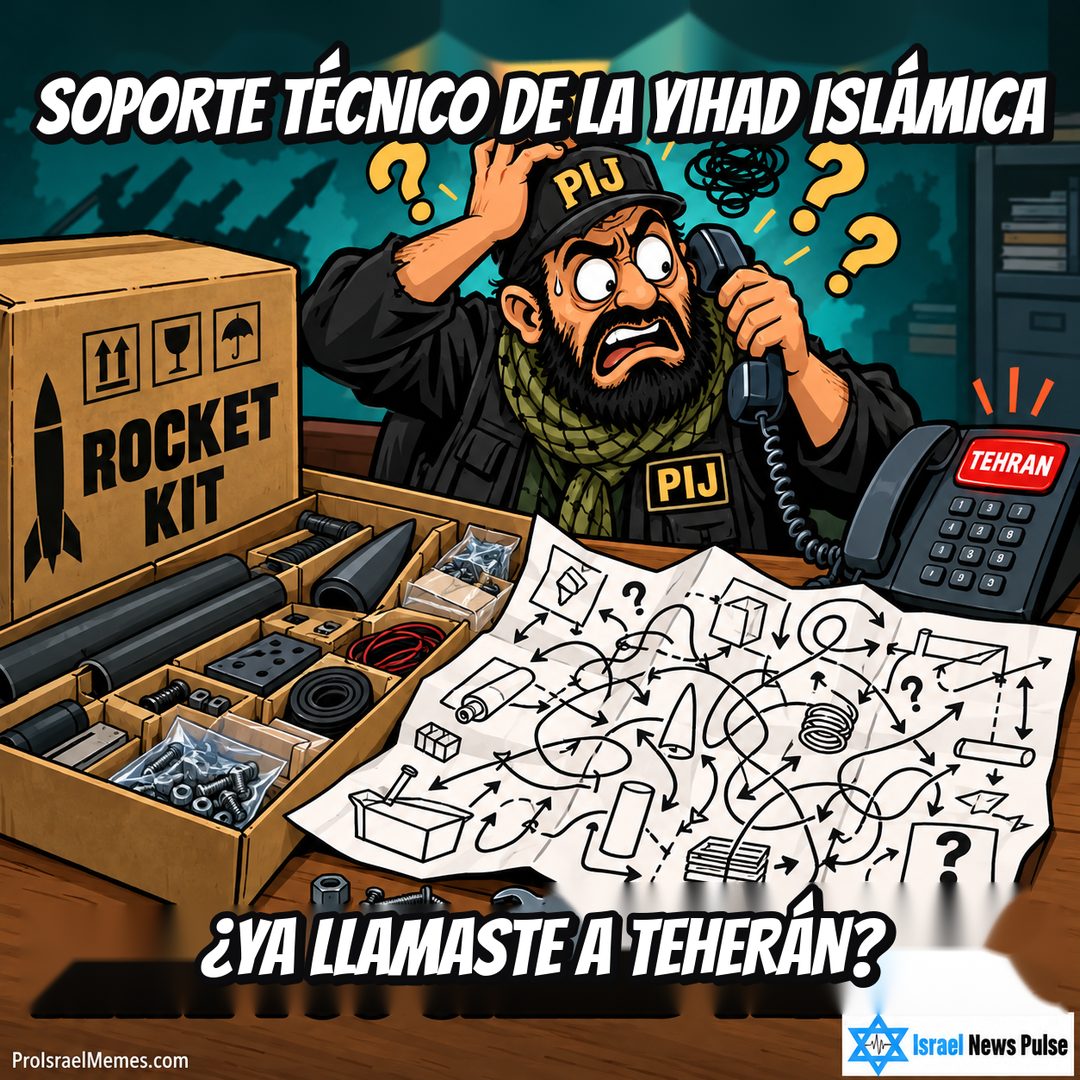 Personaje preocupado PIJ con auricular junto a una caja ROCKET KIT, dibujos confusos y botón TEHRAN. Textos en inglés; marcas ProIsraelMemes.com e Israel News Pulse en las esquinas inferiores.