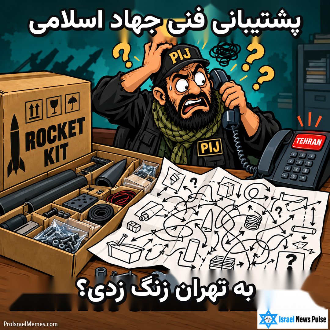 شخصیت نگران PIJ گوشی تلفن را کنار جعبه ROCKET KIT، طرح‌های درهم و دکمه TEHRAN گرفته است. نوشته‌ها انگلیسی هستند؛ نشان‌های ProIsraelMemes.com وIsrael News Pulse در گوشه‌های پایین دیده می‌شوند.