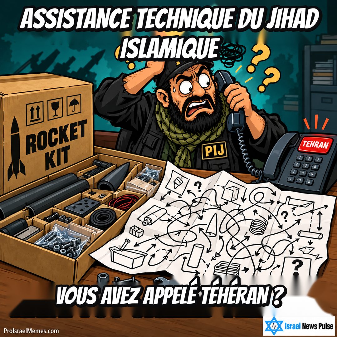 Personnage PIJ inquiet tenant un combiné près d'une boîte ROCKET KIT, de dessins confus et d'un bouton TEHRAN. Textes en anglais ; marques ProIsraelMemes.com et Israel News Pulse dans les coins inférieurs.