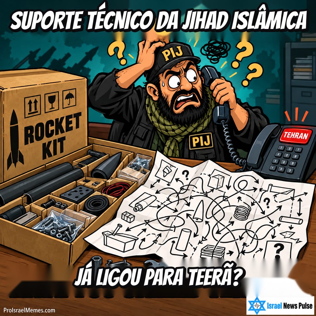 Personagem preocupado PIJ com fone junto à caixa ROCKET KIT, desenhos confusos e botão TEHRAN no telefone. Textos em inglês; marcas ProIsraelMemes.com e Israel News Pulse nos cantos inferiores.