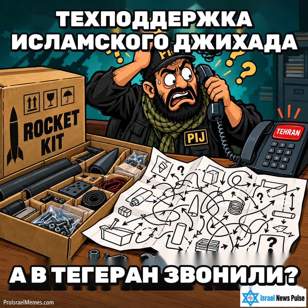 Обеспокоенный персонаж PIJ с трубкой возле коробки ROCKET KIT, запутанных рисунков и кнопки TEHRAN. Надписи на английском; ProIsraelMemes.com и Israel News Pulse в нижних углах.