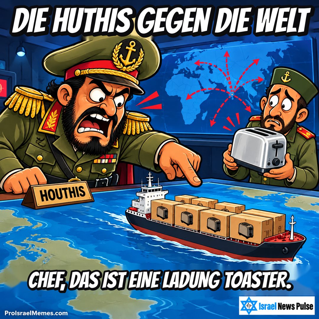 Zwei gezeichnete Offiziere am Kartentisch mit kleinem Frachtschiff; einer zeigt darauf, der andere hält einen Toaster. Englische Bildtexte; ProIsraelMemes.com und Israel News Pulse in den unteren Ecken.