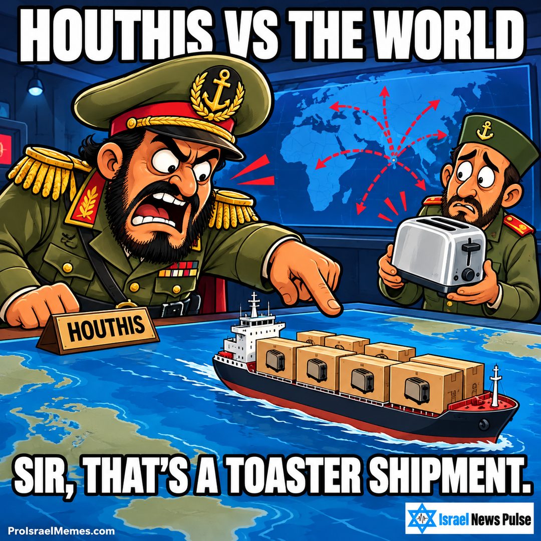Two cartoon officers at a map table with a miniature cargo ship; one points while the other holds a toaster. English captions; ProIsraelMemes.com and Israel News Pulse branding in the bottom corners.