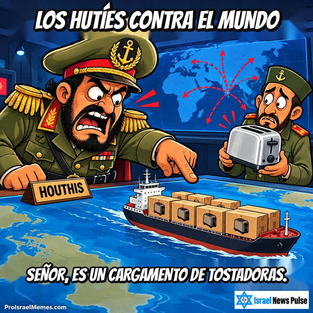 Dos oficiales dibujados ante una mesa de mapas y un pequeño carguero; uno señala y otro sostiene una tostadora. Textos en inglés; marcas ProIsraelMemes.com e Israel News Pulse en las esquinas inferiores.