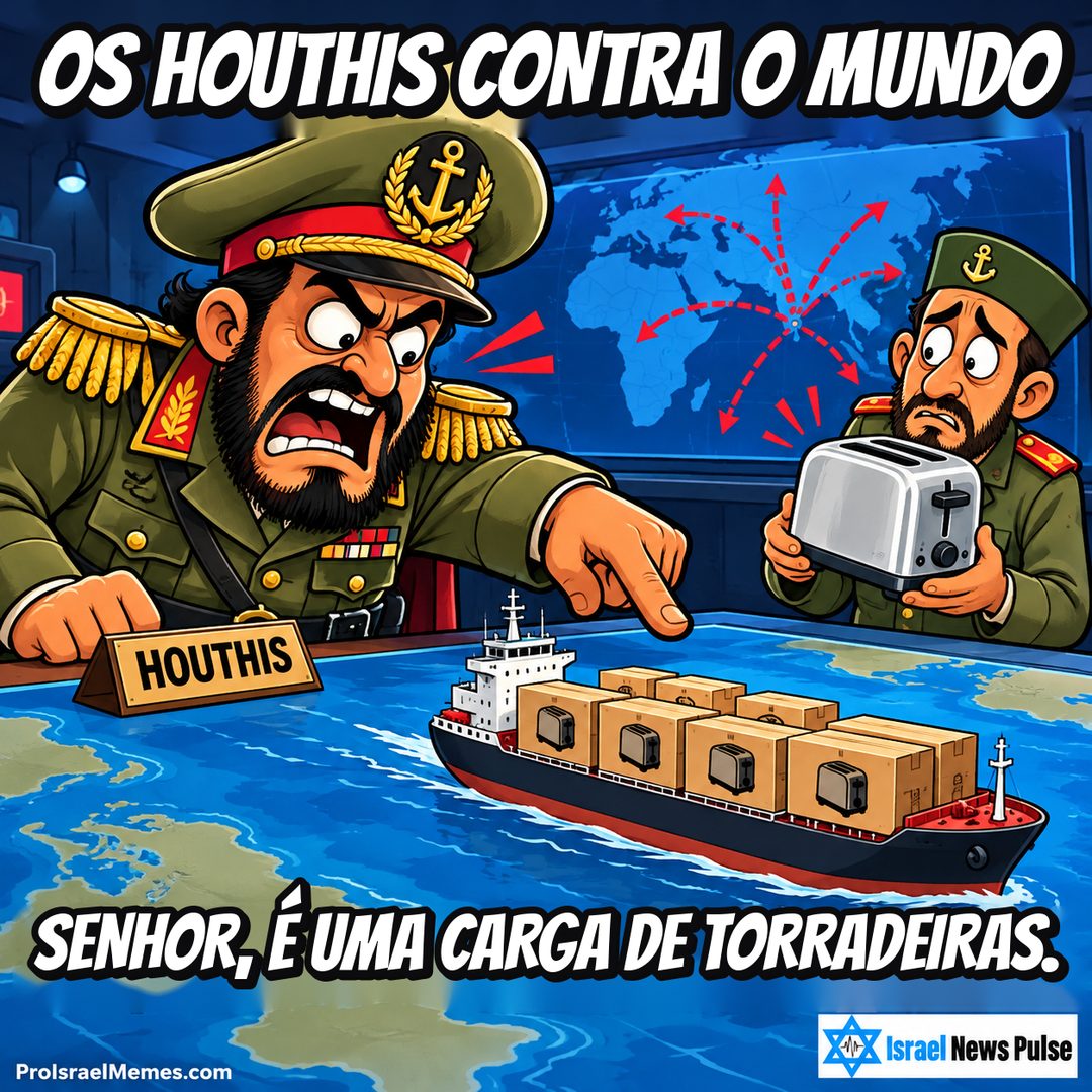Dois oficiais desenhados numa mesa de mapas com pequeno cargueiro; um aponta e o outro segura uma torradeira. Textos em inglês; marcas ProIsraelMemes.com e Israel News Pulse nos cantos inferiores.