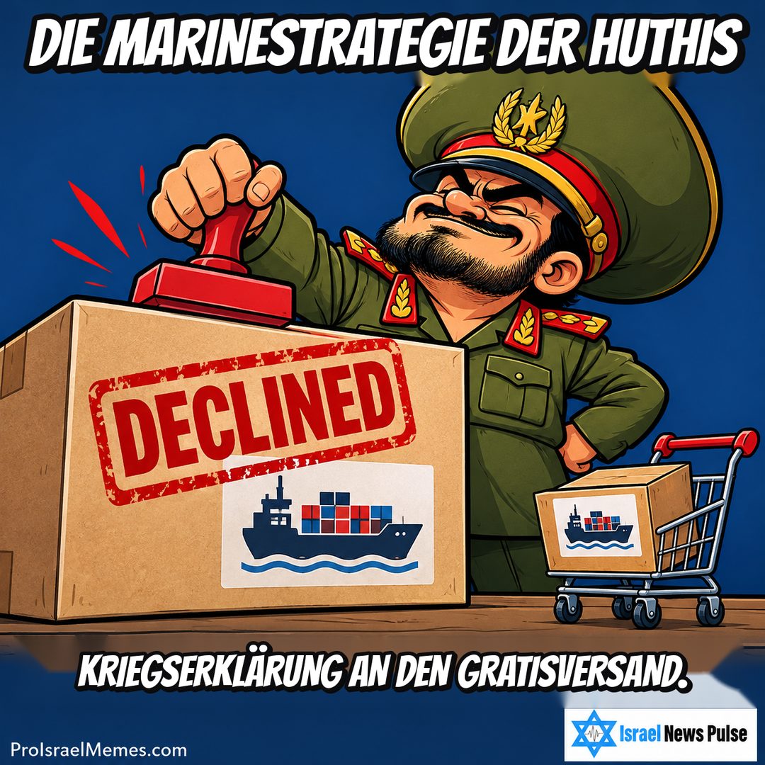 Gezeichneter Offizier stempelt ein großes Paket mit DECLINED neben einem kleinen Einkaufswagen mit weiterer Schachtel. Englische Bildtexte; ProIsraelMemes.com und Israel News Pulse in den unteren Ecken.