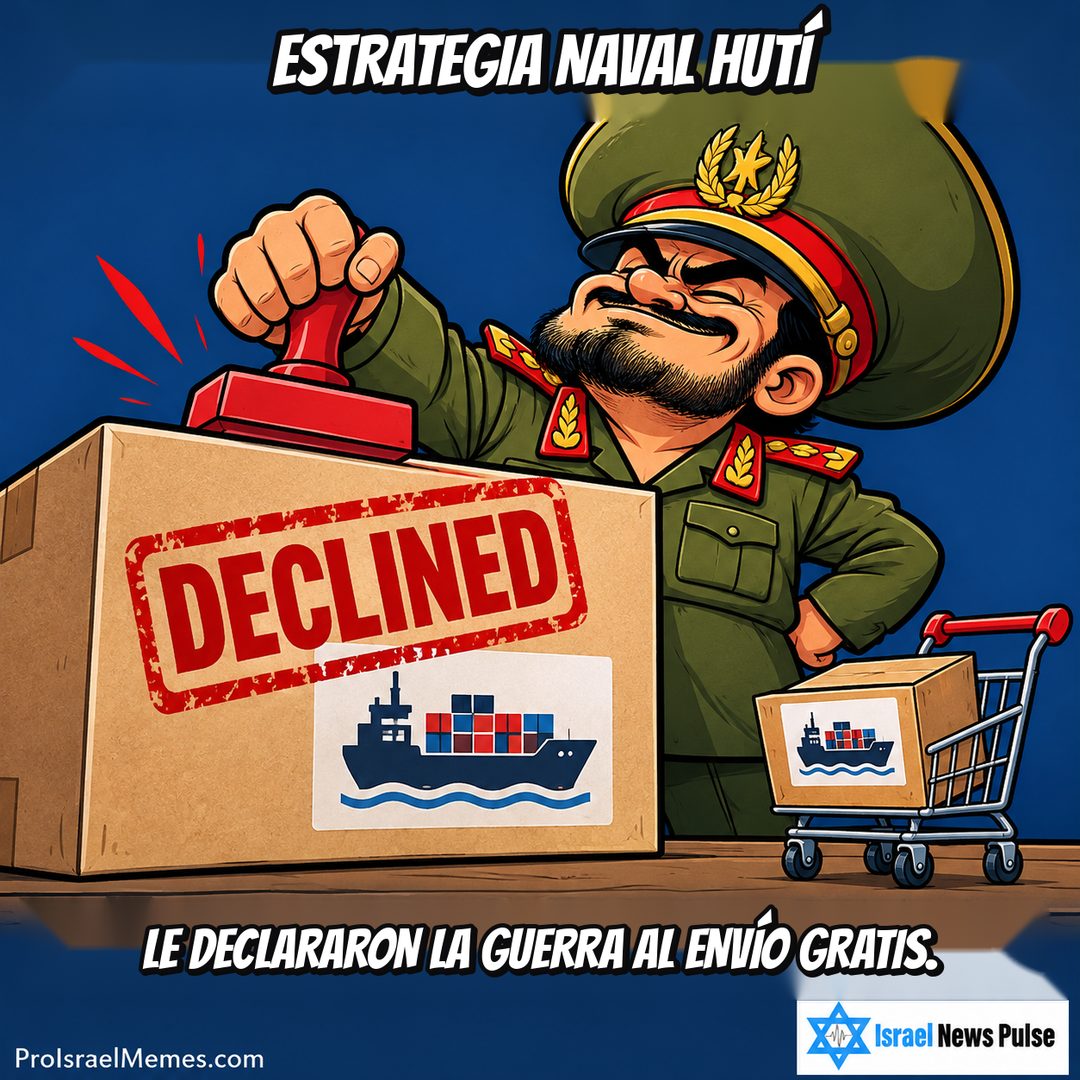 Oficial dibujado sella un paquete grande con DECLINED junto a un carrito de compras que lleva otra caja. Textos en inglés; marcas ProIsraelMemes.com e Israel News Pulse en las esquinas inferiores.