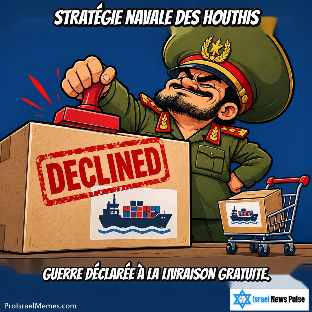 Officier dessiné tamponnant un grand colis DECLINED près d'un petit chariot contenant une autre boîte. Textes en anglais ; marques ProIsraelMemes.com et Israel News Pulse dans les coins inférieurs.