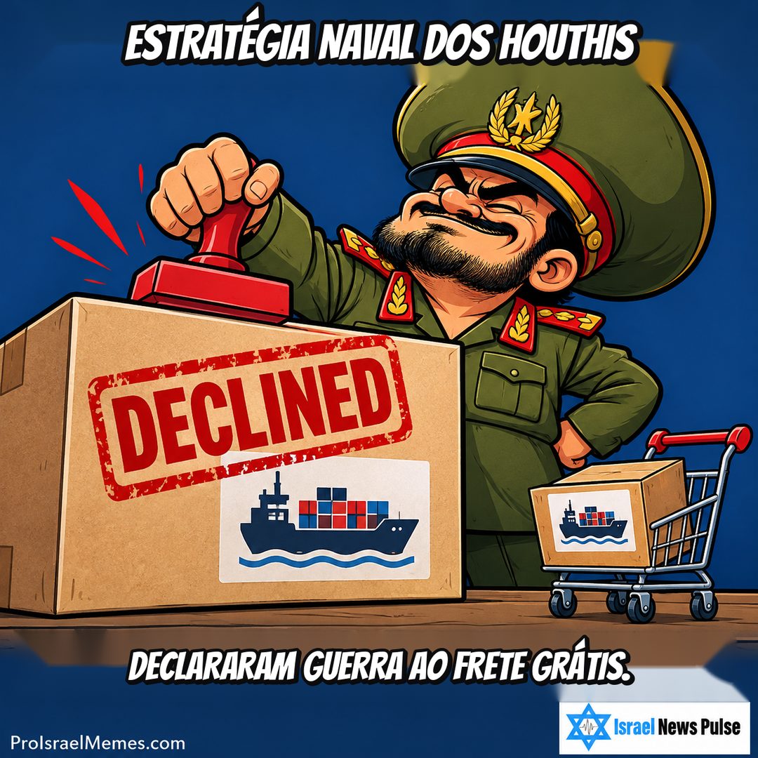 Oficial desenhado carimba um pacote grande com DECLINED ao lado de um carrinho pequeno com outra caixa. Textos em inglês; marcas ProIsraelMemes.com e Israel News Pulse nos cantos inferiores.